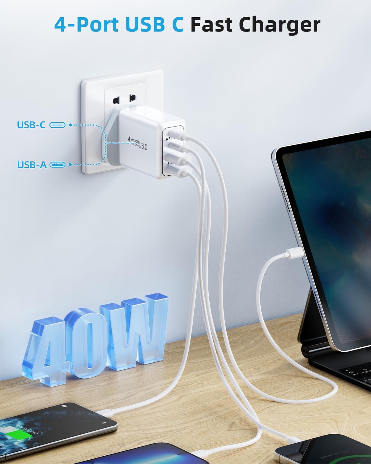 40W 4-Port Fast Charger Plug UK - Image 3